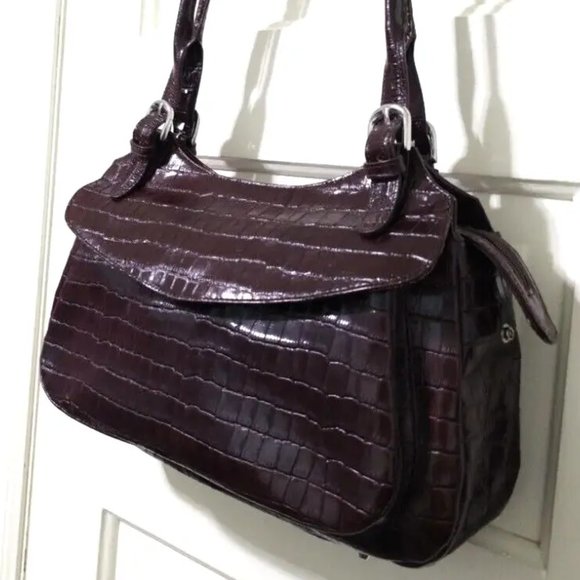 NEW MAXX New York Chestnut Red 100% Croco Embossed Leather Shoulder Bag Purse - Picture 11 of 16